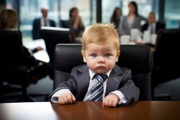 Small baby business man dressed in suit at a meeting in a fancy modern business office. Business Baby Ceo concept. Ai generated