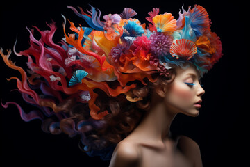 Beautiful girl with vibrant sea corals adorning her hair, surrounded by an ocean of vibrant coral colors against a dark background. Ai generated