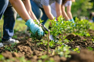 Naklejka premium Green Thumbs Up A Group of People Planting Trees in April Generative AI