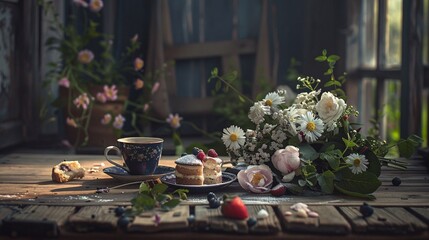 Fresh Flower Bouquet and Fruit Platter for a Monthly Coffee Meetup Generative AI