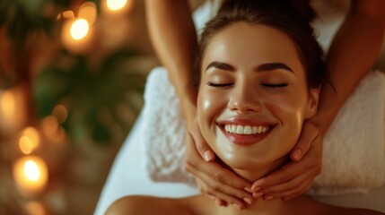 Beautiful woman getting face massage in beauty spa. Girl with closed eyes relaxing spa while getting head massage - obrazy, fototapety, plakaty