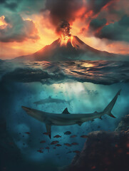 sharks and various fishes in under water sea with volcano mountain eruption background above it at...