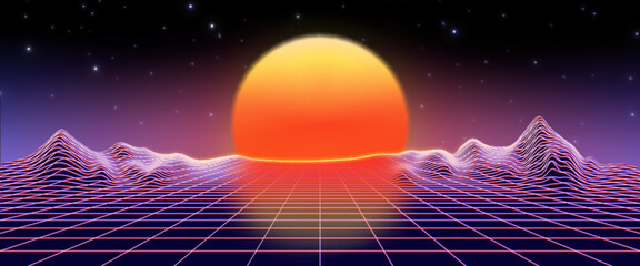 Retro neon sunset synthwave background from 80s. Cyber grid with abstract futuristic vaporwave, sun and mountain landscape. Disco surreal vapor graphic design illustration for music party rave. - obrazy, fototapety, plakaty