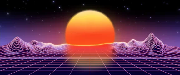 Zelfklevend Fotobehang Retro neon sunset synthwave background from 80s. Cyber grid with abstract futuristic vaporwave, sun and mountain landscape. Disco surreal vapor graphic design illustration for music party rave. © klyaksun