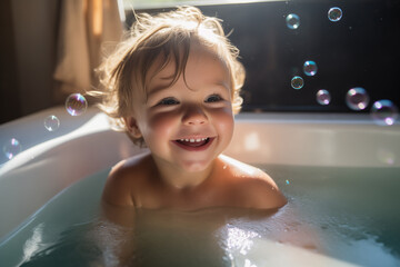 Pure joy unfolds as a small kid smiles, immersed in the bathtub, captivated by the simple pleasure of playful soap bubbles. Ai generated