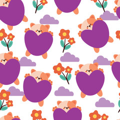 seamless pattern cartoon cat with flower and big heart balloon. cute animal wallpaper illustration for gift wrap paper
