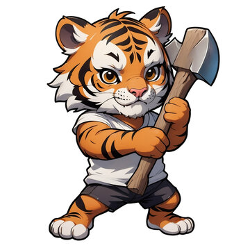 a sticker of a tiger holding an axe, hammers, small stature, highly rendered, dwarven, fight,