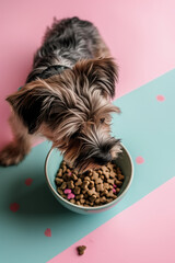 Candid Top View of a Cute Dog Joyfully Feeding on a Bowl of Delightful Dog Food. Ai generated