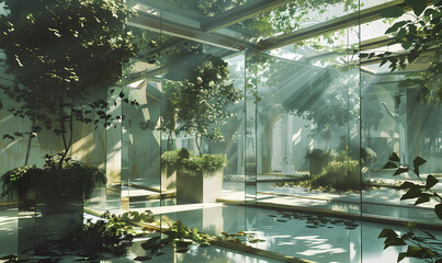 a room with a lot of glass walls and mirrors