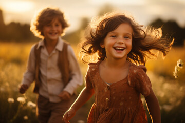 Kids Embrace the Joy of Childhood, Playing and Running in a Radiant Sunlit Field. Ai generated