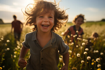 Kids Embrace the Joy of Childhood, Playing and Running in a Radiant Sunlit Field. Ai generated
