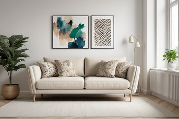 Chic and Cozy, Beige Scandinavian Settee in a Stylish Living Room
