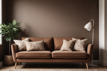 Warm and Inviting, Brown Scandinavian Settee in a Stylish Living Room