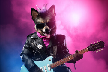 Funny punk dog rocker holding a rock guitar and wearing a leather skin coat and sunglasses, blue pink smoke in the background. Ai generated