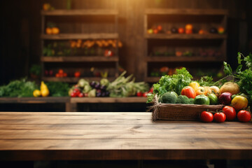Beautiful ripe fresh vegetables on a wooden table on a blurred background of a supermarket, store or market. Part of a wooden table - empty for presentation and demonstration of goods - obrazy, fototapety, plakaty
