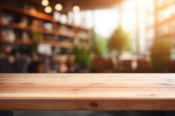 Empty wooden table for product demonstration and presentation on the background of cafe, restaurant, night golden bokeh.