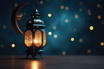 Eid ul fitr, Ramadan Kareem,Eid al Adha, Eid Mubarak.Muslim symbolism with islamic lantern and crescent.Holiday card.Podium for product presentation and demonstration.Copy space for text. - obrazy, fototapety, plakaty