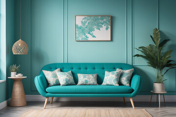 Chic Serenity, Turquoise Scandinavian Settee and Patterned Pillows in a Stylish Living Room with an Empty Turquoise Wall.