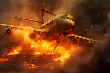 Plane Crash, Airplane crashing concept illustration. Plane crashing engulfed in flames and smoke. Ai generated
