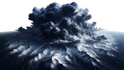 Dark storm cloud casting ominous shadow upon global mountainous landscape. Concept of apocalypse, dystopia, volcano, destruction, catastrophe, earthquake, war, explosion, disaster, end of world