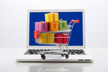 Shopping cart full of vibrant boxes standing in front of laptop, white background. Ai generated