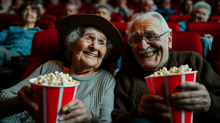 Magic of enduring love, a heartwarming photograph showcases a very old couple, beaming with joy, sharing laughter, and savoring popcorn during a delightful movie date in the cinema. Ai generated