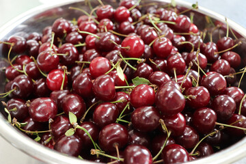 収穫したばかりの新鮮な山盛りのさくらんぼ