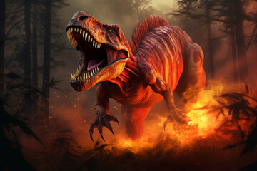 T Rex Dinosaur Screaming and Running in a Forest full of Fire and flames, Extinction event concept. Ai generated