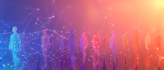 A visually striking banner celebrating unity and connection, portraying diverse people shapes interlinked by dots and lines in a vibrant color palette of blue, orange, and purple. Ai generated - obrazy, fototapety, plakaty