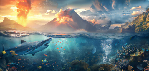 shark and various fishes in under water sea with volcano mountain eruption background above it at sunset - obrazy, fototapety, plakaty