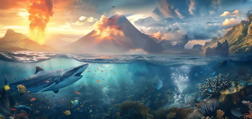 Zelfklevend Fotobehang shark and various fishes in under water sea with volcano mountain eruption background above it at sunset © Maizal