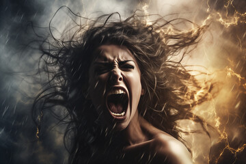 Woman Screaming Amidst Stormy Clouds, Capturing the Intensity of Stress and Inner Turmoil. Ai generated