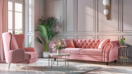 Interior of a luxury living room with modern pink furniture