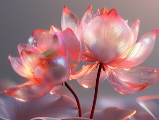 Very beautiful two lotus with crystal glass effects, front on view, iridescent opalescent colours