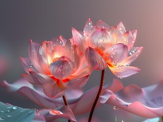 Very beautiful two lotus with crystal glass effects, front on view, iridescent opalescent colours