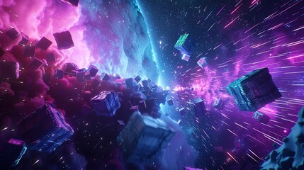 Virtual Reality space world in a block, cube effect. Video Game retro asteroid field. purple, pink and blue lights racing along a digital landscape. 3D render  - obrazy, fototapety, plakaty