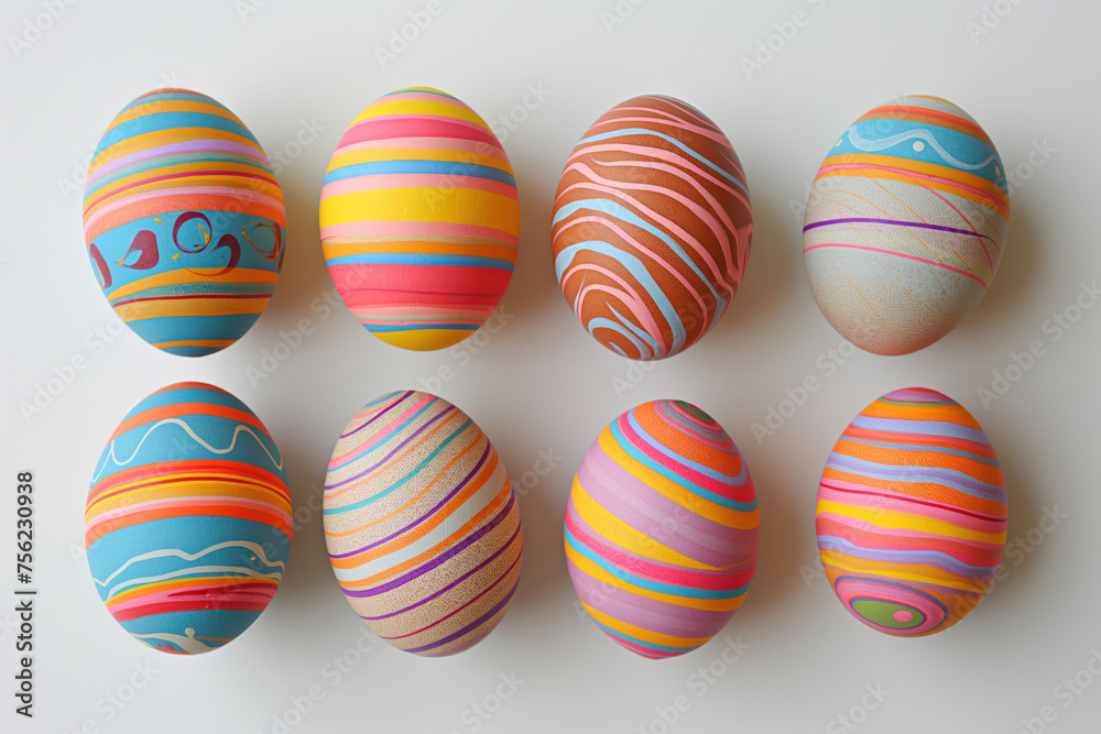 Wall mural Closeup top down view of eight colorful painted easter eggs on light gray background. Generative AI