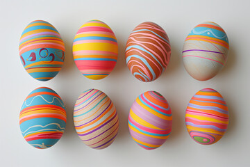 Fototapeta na wymiar Closeup top down view of eight colorful painted easter eggs on light gray background. Generative AI