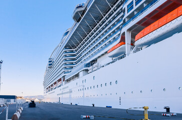 View of MSC WORLD EUROPA cruise ship stands in passenger port of Marseille, France.