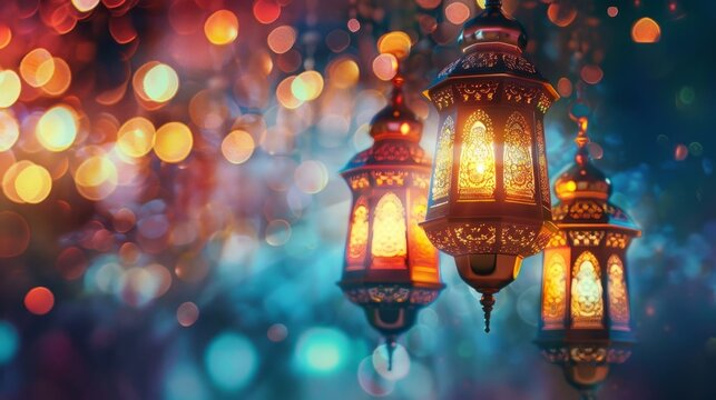 Islamic holiday background: eid mubarak ramadan kareem celebration with traditional lantern or lamp - vibrant and festive muslim culture image
