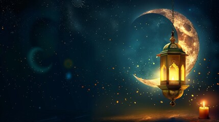 Fototapeta na wymiar Vibrant eid and ramadan celebration design: moon and golden lantern on black background - vector illustration