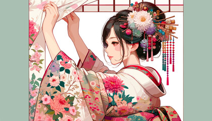 Obraz premium Concept of an image of a woman in kimono in a townhouse in Kyoto. Vector illustration.