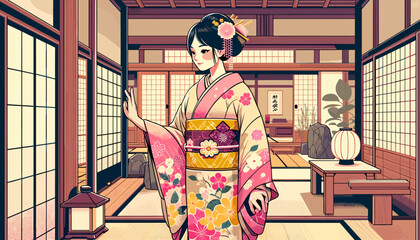 Concept of an image of a woman in kimono in a townhouse in Kyoto. Vector illustration.