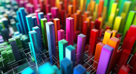 Obraz premium Chart, graph and info graphics 3d design for data analysis, seo tools or statistics background. Colourful, illustration and bar graphic for marketing strategy, stock market and trading wallpaper