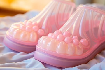 Shot of squishy aesthetic jellyfish-shaped slippers, with plush, cushioned soles and delicate tentacle patterns, creating a cozy and whimsical vibe for lounging at home.