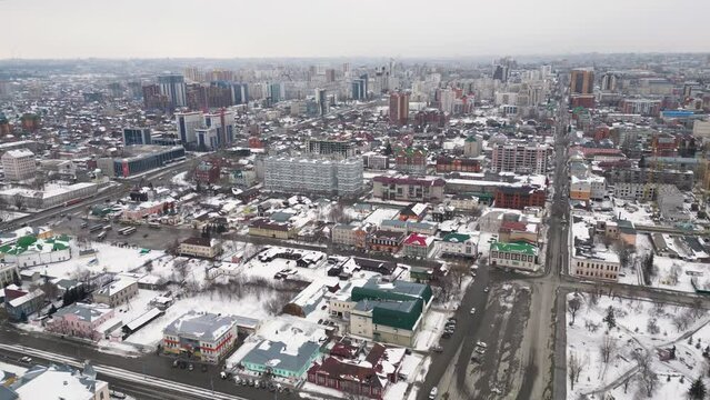 Aerial view of residential buildings in a Siberian city, drone view of residential buildings in Barnaul