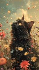 a cat walking on a rainbow a field of wild flowers on a clear sunny day