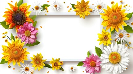 Spring vector template design in white empty frame and colorful various flowers like daisy and sunflower elements in white background