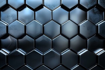 symmetrical background of chrome glass metal with evenly spaced hexagon shapes black background