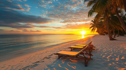 Sunset on the beach with sun loungers and palm trees.